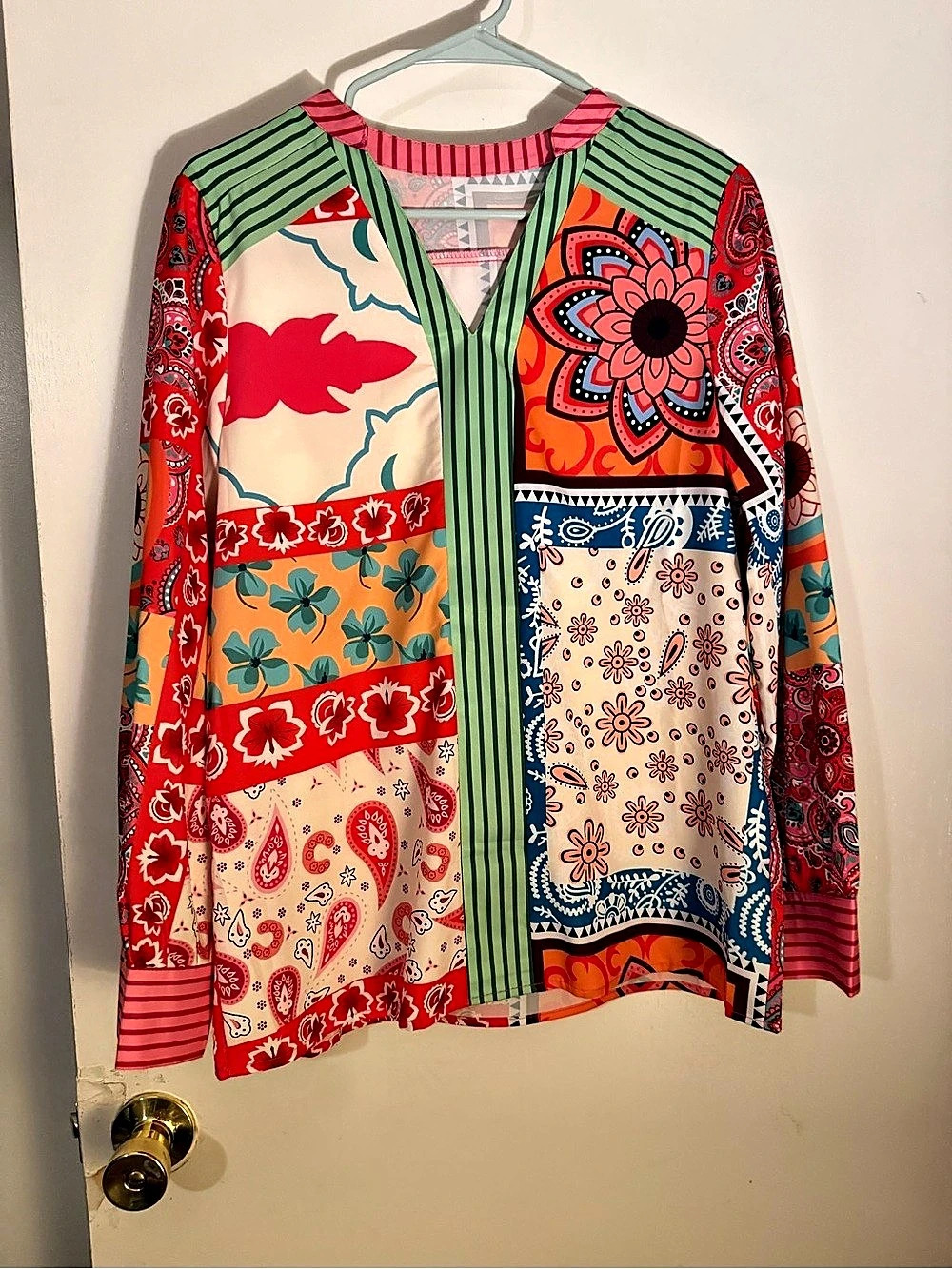 Patchwork Print Blouse in Red & Multicolor Size Medium